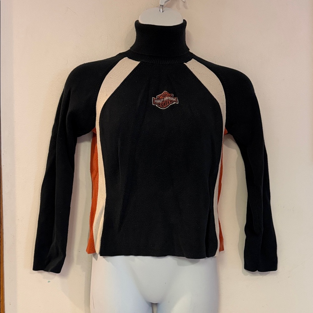 Y2K Authentic Harley Davidson Sweater Black Cream Off-Orange Turtleneck Stretchy